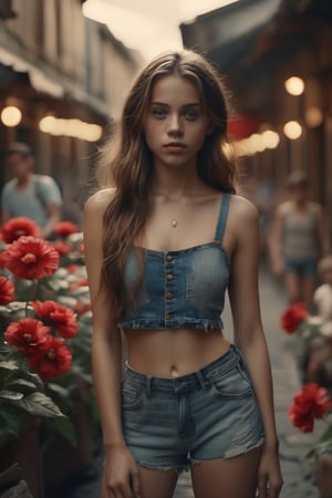 close hallf body eyes shoot cinematic film still (Raw Photo:1.3) of (Ultrarealistic:1.3) 1girl, blurry, blurry_background, crop_top, denim, denim_shorts, flower, hair_flower, hair_ornament, lips, long_hair, looking_at_viewer, midriff, navel, photorealistic, realistic, red_flower, short_shorts, shorts, solo,,Highly Detailed . shallow depth of field, vignette, highly detailed, high budget, bokeh, cinemascope, moody, epic, gorgeous, film grain,
