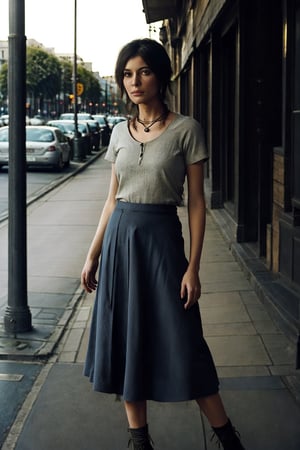 a woman wearing a long blue skirt,bohemian,a city street,a woman in a blue skirt,a portrait of a woman in a blue skirt,early in the morning,asia