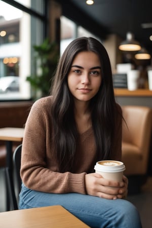 A 27-year-old woman with long, straight dark hair, wearing a casual sweater and jeans. She is sitting in a coffee shop with a blurred background of tables and chairs. Her expression is relaxed and content, emphasizing the cozy atmosphere through the f/1.8 aperture.