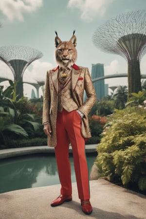  rebdmsd3, realistic full-length photo of a lynx in Gucci style and dressed as a man, gardens by the bay in Singapore background




