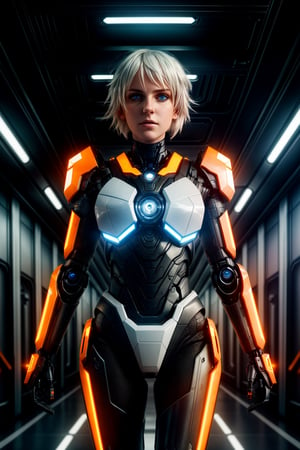 cgmech, upper body, portrait, robot,white orange armor, white shimmering hair, neon light, 8K, RAW, best quality, masterpiece, ultra high res, colorful, (medium wide shot), (dynamic perspective), sharp focus ,depth of field, extremely detailed eyes and face, beautiful detailed eyes,large breasts,(black gold, trimmed gear:1.2),(In a futuristic weapons factory:1.2), ((masterpiece, best quality)),  Detailed background, spaceship interior