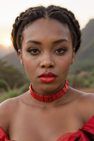 Nikon Shoot,swazi bride African woman with very large scarlet red lips is pouting her lips towards the camera. She is wearing a red chocker and it us sunrise, cinematic moviemaker style