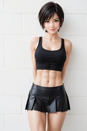 An ultra-detailed, satisfying close-body portrait of an 18-year-old teen girl with black short modern hair, showcasing her fit physique with visible abs, wearing a black tank top and mini skirt, against a plain white wall background.