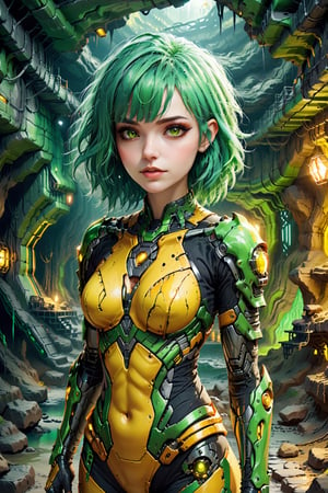 monster,  detailmaster, .,cinematic  moviemaker style,rebela,((green hair)), a stunning woman in a neon yellow cyborg costume in a cave mine,detailmaster2