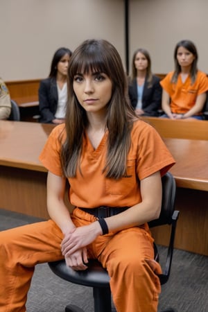 A photo of a young woman in an orange prison jumpsuit. She has long straight brown hair with bangs and is wearing a black biting bandage on her left hand sitting at the backrest inside a courtroom while a judge sits behind the bench..,renny the insta girl,