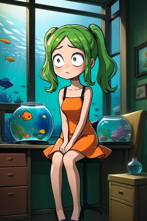 a green twintail girl in orange dress is sitting on the sofa while a messy desk in under a big window on the left, while a lively aquarium is on the top right of the soga, ultra realistic style


,SFW,cartoon ,cheap cartoon