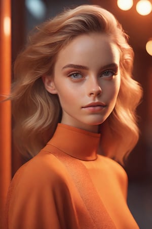  pixar style, scarlett leithold dressed in terracotta orange, glowing eighties vibe, anthropomorphic, moody portrait, dramatic lighting, realistic, fine details, photorealism, cinematic, intricate details, cinematic lighting, photo realistic, octane render, 8k