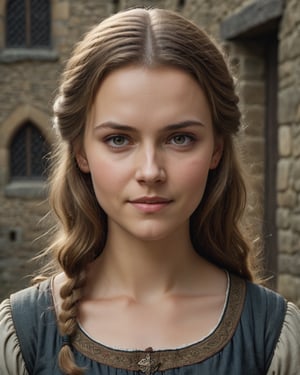  , cinematic  moviemaker style, ,detailmaster2, 
close up portrait, 
portrait of medieval woman, age 25, plain clothes, not smiling, dark blonde hair,
,rebevelin,rebemily
