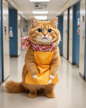 Mimi, a caring, plump mother cat with a fluffy, bright orange coat and large blue eyes, wearing a floral patterned bandana and matching apron, standing in a hospital corridor, looking utterly confused. Her expression is full of disbelief and wonder, with her eyebrows raised and mouth slightly open in a questioning look. The background is a hospital setting, designed in the style of Pixar.