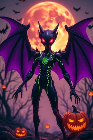 Create an image of a bat-like alien creature with strong Halloween elements. The alien is humanoid, wearing a sleek black and purple suit that glows with neon green lines of energy. It has large, mechanical bat wings that spread behind it, with small glowing jack-o'-lanterns hanging from the wing tips. The alien's face is elongated and eerie, with glowing red eyes and sharp fangs. It holds a carved pumpkin in one clawed hand, with a neon green light glowing from within. The background features an apocalyptic scene with a massive, cracked moon hanging low in the sky, casting an eerie red and orange glow. Twisted, leafless trees and floating bats surround the alien, creating a dark, spooky atmosphere. The colors are harmoniously blended in black, purple, neon green, and orange, with the overall mood being mysterious, eerie, and Halloween-themed.,monster