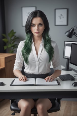 Hyper realisitic full body photo of Woman. she has dark straight hair, 25yo, 1. 6m, very round face, proeminent cheecks, long black hair, highly detailed skin pores, her face is extremely real. like a photo. high quality photography, white clothes, she is at her work desk at her modern home, photos taken by hasselblad + incredibly detailed , sharpness , details + professional lighting , photographic lighting + 50mm , 80mm , 100m + lightroom gallery + behance photos + unsplash  hollywood , ,cinematic  moviemaker style,,detailmaster2,rebela(green hair),monster,IMGFIX,rebemily