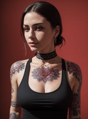 photo, rule of thirds, dramatic lighting, medium hair, detailed face, detailed nose, woman ((wearing tank top)), freckles, collar or choker, smirk, tattoo, intricate background ,realism,realistic,raw,analog,woman,portrait,photorealistic,analog,ealism, big_boobies, black_skirt, uncensored, light_red_background, red_background, tattoos, face_tattoo