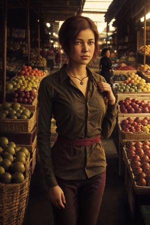  a young woman who is standing in front of a market, in the style of light maroon and light brown, rudy siswanto, curves, dark beige and red, firmin baes, light silver and light brown, olive cotton