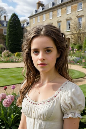 Realistic colour photo ,eyes shoot close,  Wide view, historical romance, hermione granger, brown hair, bridgerton, 1800s, regency era, spring time, beautiful manicured gardens, bright flowers, large maor in the background, london, detailed, very detailed, eyes shoot,detailmaster2,cinematic  moviemaker style,rebevelin