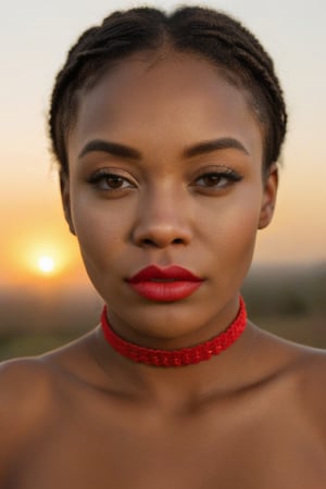 Nikon Shoot,swazi bride African woman with very large scarlet red lips is pouting her lips towards the camera. She is wearing a red chocker and it us sunrise



