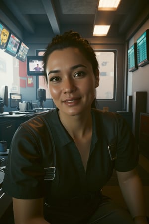 slightly smiling, middle-aged receptionist, portrait, cyberpunk 2077 style, unkempt office environment in background, cyberpunk style



