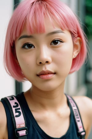 Nikon Shoot, film still, 18 year old Japanese girl who is a super cute fashion model. she has short pink hair in the Y2K fashion

