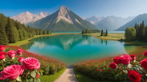 A breathtaking scene of a crystal-clear lake, surrounded by fields of vibrant, blooming roses.
