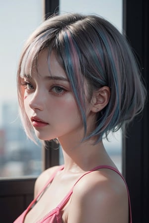 a 20 yo woman, long bobcut BLUE HAIR PINK HIGHLIGHTS, (hi-top fade:1.3), dark theme, soothing tones, muted colors, high contrast, (natural skin texture, hyperrealism, soft light, sharp)