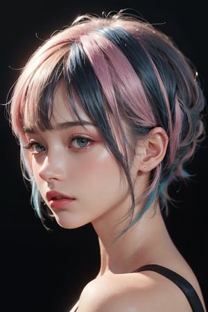 a 20 yo woman, long bobcut BLUE HAIR PINK HIGHLIGHTS, (hi-top fade:1.3), dark theme, soothing tones, muted colors, high contrast, (natural skin texture, hyperrealism, soft light, sharp)