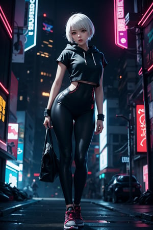 edgNoire,upper body shot,female, woman wearing casual hoodie with logos, sleek designer bodysuit, (cyber leggings:1.1) ,cyberpunk scene ,yorha no. 2 type b,weiboZH