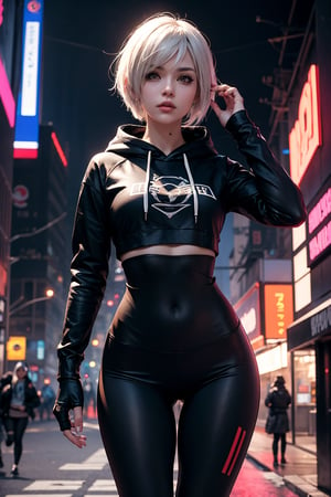 edgNoire,upper body shot,female, woman wearing casual hoodie with logos, sleek designer bodysuit, (cyber leggings:1.1) ,cyberpunk scene ,yorha no. 2 type b