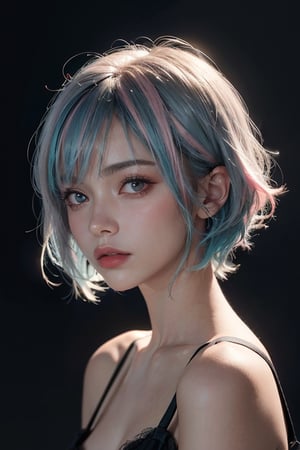 a 20 yo woman, long bobcut BLUE HAIR PINK HIGHLIGHTS, (hi-top fade:1.3), dark theme, soothing tones, muted colors, high contrast, (natural skin texture, hyperrealism, soft light, sharp)