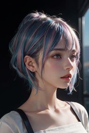 a 20 yo woman, long bobcut BLUE HAIR PINK HIGHLIGHTS, (hi-top fade:1.3), dark theme, soothing tones, muted colors, high contrast, (natural skin texture, hyperrealism, soft light, sharp)