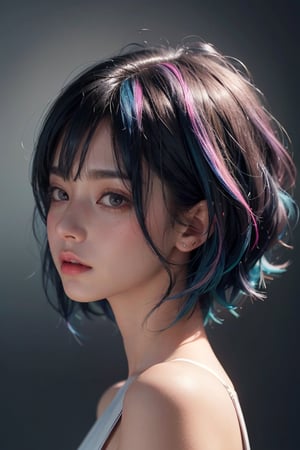 a 20 yo woman, long bobcut BLUE HAIR PINK HIGHLIGHTS, (hi-top fade:1.3), dark theme, soothing tones, muted colors, high contrast, (natural skin texture, hyperrealism, soft light, sharp)