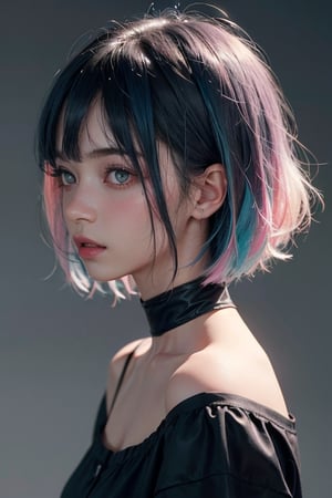 a 20 yo woman, long bobcut BLUE HAIR PINK HIGHLIGHTS, (hi-top fade:1.3), dark theme, soothing tones, muted colors, high contrast, (natural skin texture, hyperrealism, soft light, sharp)