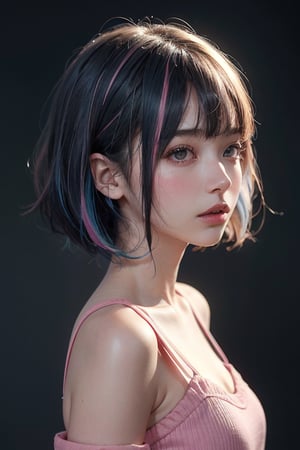 a 20 yo woman, long bobcut BLUE HAIR PINK HIGHLIGHTS, (hi-top fade:1.3), dark theme, soothing tones, muted colors, high contrast, (natural skin texture, hyperrealism, soft light, sharp)