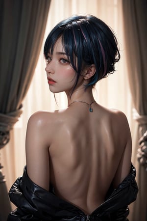 a 20 yo woman, long bobcut BLUE HAIR PINK HIGHLIGHTS, (hi-top fade:1.3), big breasts, big ass, dark theme, soothing tones, muted colors, high contrast, (natural skin texture, hyperrealism, soft light, sharp)