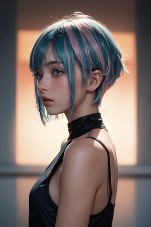 a 20 yo woman, long bobcut BLUE HAIR PINK HIGHLIGHTS, (hi-top fade:1.3), dark theme, soothing tones, muted colors, high contrast, (natural skin texture, hyperrealism, soft light, sharp)