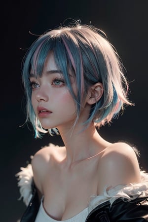 a 20 yo woman, long bobcut BLUE HAIR PINK HIGHLIGHTS, (hi-top fade:1.3), dark theme, soothing tones, muted colors, high contrast, (natural skin texture, hyperrealism, soft light, sharp)