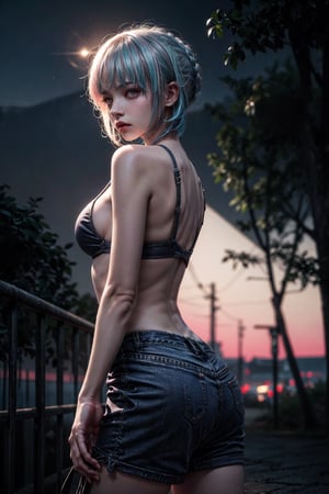 a 16 yo woman, long bobcut BLUE HAIR PINK HIGHLIGHTS, (hi-top fade:1.3), big breasts, big ass, dark theme, soothing tones, muted colors, high contrast, (natural skin texture, hyperrealism, soft light, sharp),sabaltrnd