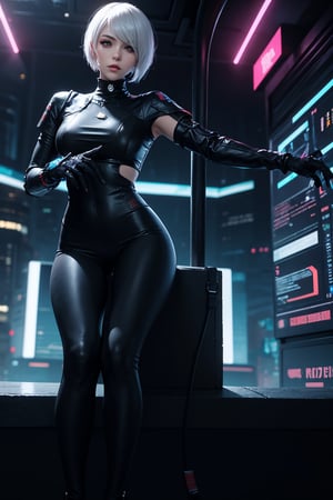 edgNoire,upper selfie body shot,female, woman wearing black bomberjack, sleek designer bodysuit, (cyber leggings:1.1) ,cyberpunk scene, sitting_down ,yorha no. 2 type b,weiboZH