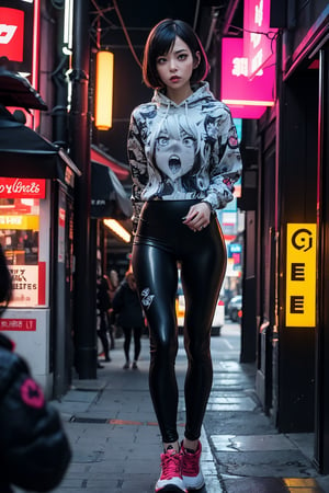 edgNoire,upper selfie body shot,female, woman wearing black bomberjack, sleek designer bodysuit, (cyber leggings:1.1) ,cyberpunk scene, front frowning ,yorha no. 2 type b,weiboZH,ahegao hoodie