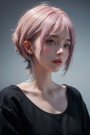 a 20 yo woman, long bobcut BLUE HAIR PINK HIGHLIGHTS, (hi-top fade:1.3), dark theme, soothing tones, muted colors, high contrast, (natural skin texture, hyperrealism, soft light, sharp)