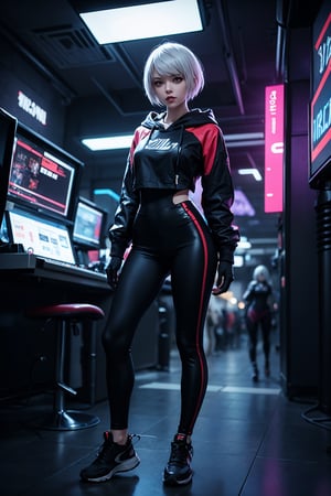 edgNoire,upper body shot,female, woman wearing casual hoodie with logos, sleek designer bodysuit, (cyber leggings:1.1) ,cyberpunk scene ,yorha no. 2 type b