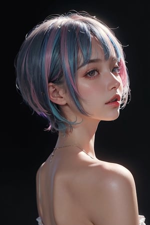 a 20 yo woman, long bobcut BLUE HAIR PINK HIGHLIGHTS, (hi-top fade:1.3), dark theme, soothing tones, muted colors, high contrast, (natural skin texture, hyperrealism, soft light, sharp)