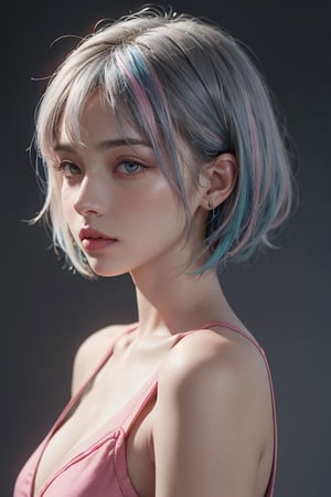 a 20 yo woman, long bobcut BLUE HAIR PINK HIGHLIGHTS, (hi-top fade:1.3), dark theme, soothing tones, muted colors, high contrast, (natural skin texture, hyperrealism, soft light, sharp)