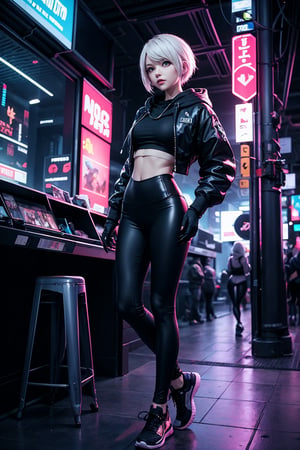 edgNoire,upper body shot,female, woman wearing casual hoodie with logos, sleek designer bodysuit, (cyber leggings:1.1) ,cyberpunk scene ,yorha no. 2 type b