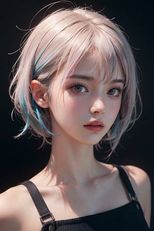 a 20 yo woman, long bobcut BLUE HAIR PINK HIGHLIGHTS, (hi-top fade:1.3), dark theme, soothing tones, muted colors, high contrast, (natural skin texture, hyperrealism, soft light, sharp)