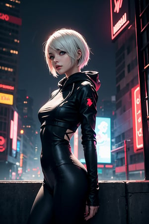 edgNoire,upper body shot,female, woman wearing casual hoodie with logos, sleek designer bodysuit, (cyber leggings:1.1) ,cyberpunk scene ,yorha no. 2 type b,weiboZH