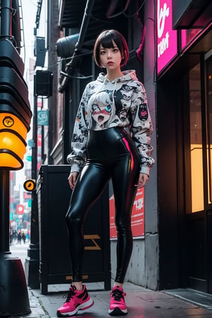 edgNoire,upper anime selfie body shot peace sign,female, woman wearing black bomberjack, sleek designer bodysuit, (cyber leggings:1.1) ,cyberpunk scene, front frowning ,yorha no. 2 type b,weiboZH,ahegao hoodie