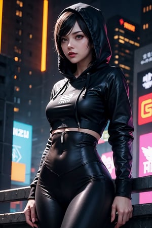 edgNoire,upper body shot,female, woman wearing casual hoodie with logos, sleek designer bodysuit, (cyber leggings:1.1) ,cyberpunk scene ,yorha no. 2 type b,weiboZH