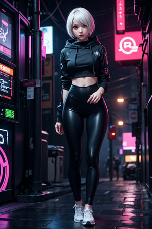 edgNoire,upper body shot,female, woman wearing casual hoodie with logos, sleek designer bodysuit, (cyber leggings:1.1) ,cyberpunk scene ,yorha no. 2 type b