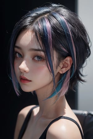 a 20 yo woman, long bobcut BLUE HAIR PINK HIGHLIGHTS, (hi-top fade:1.3), dark theme, soothing tones, muted colors, high contrast, (natural skin texture, hyperrealism, soft light, sharp)