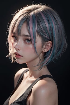 a 20 yo woman, long bobcut BLUE HAIR PINK HIGHLIGHTS, (hi-top fade:1.3), dark theme, soothing tones, muted colors, high contrast, (natural skin texture, hyperrealism, soft light, sharp)