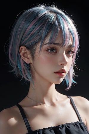 a 20 yo woman, long bobcut BLUE HAIR PINK HIGHLIGHTS, (hi-top fade:1.3), dark theme, soothing tones, muted colors, high contrast, (natural skin texture, hyperrealism, soft light, sharp)